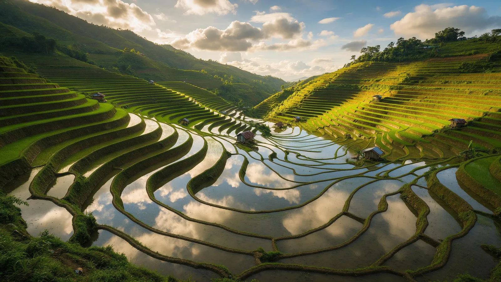 Rice terraces of Banaue in the Philippines after rain, mirror-like water reflecting clouds, emerald curves, small farmhouses, golden late afternoon light