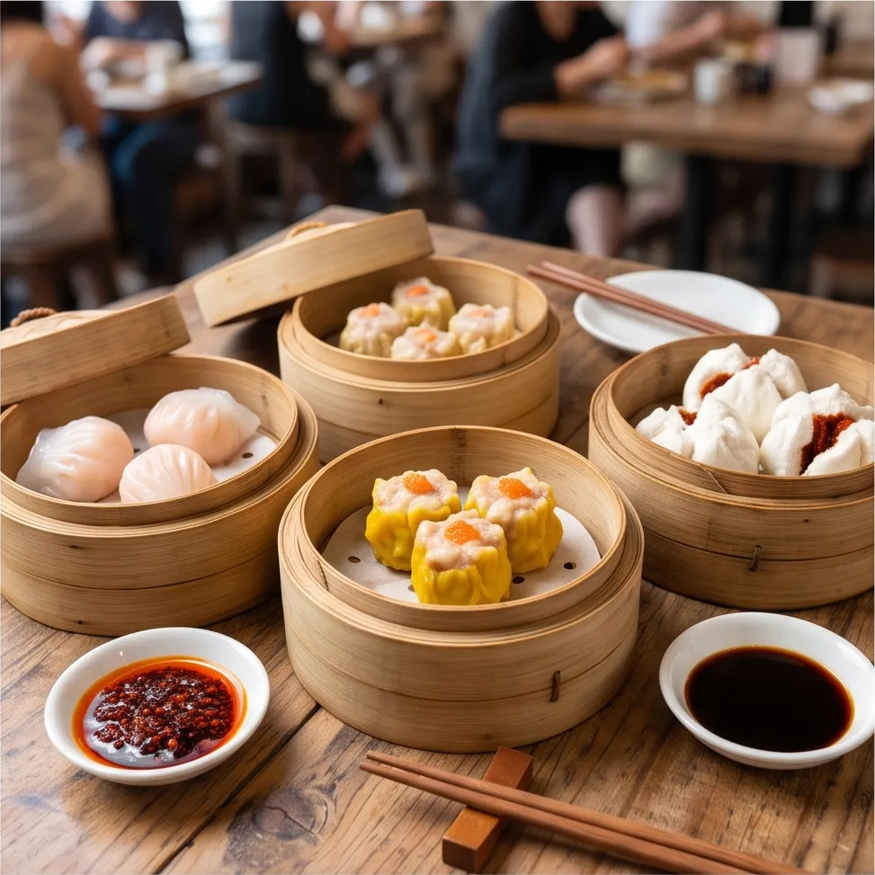 Dim sum baskets on a wooden table, professional food photography, appetizing