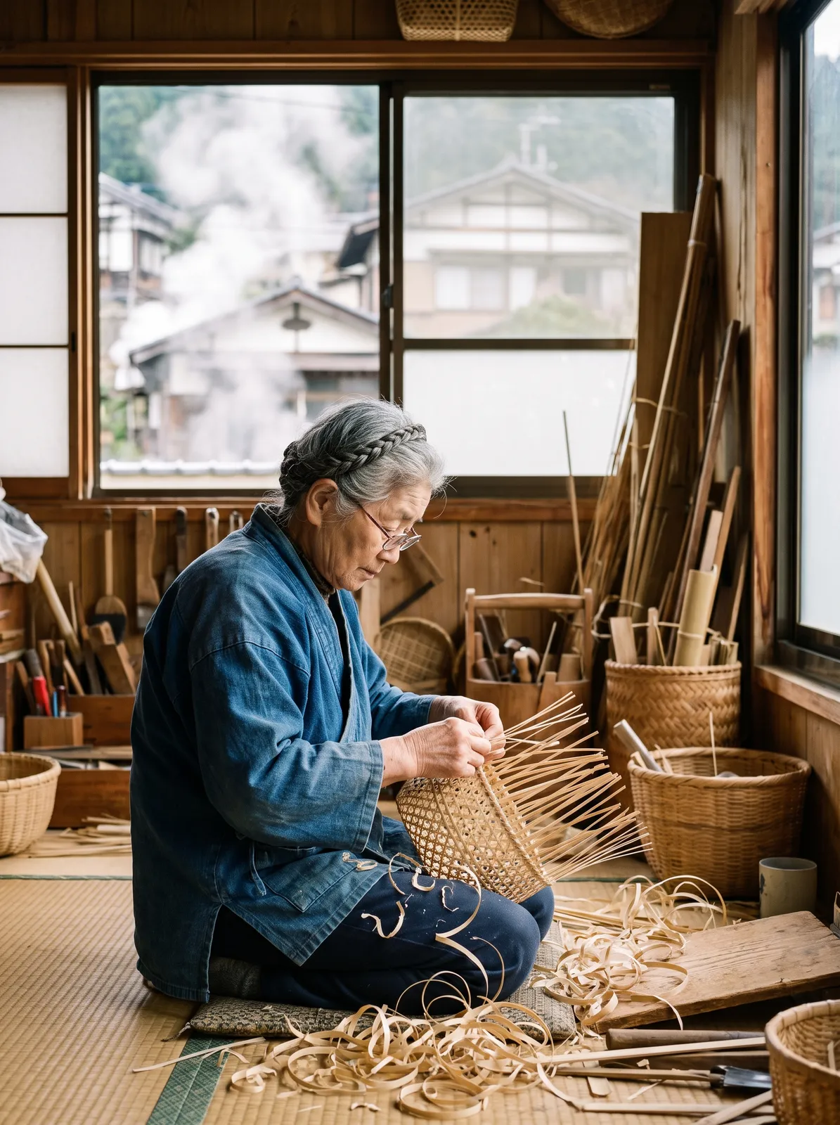 Japanese bamboo artisan in her seventies weaving a fine flower basket in a Beppu workshop, hot-spring steam drifting past the window, curls of split bamboo around her knees, soft side light, quiet mas