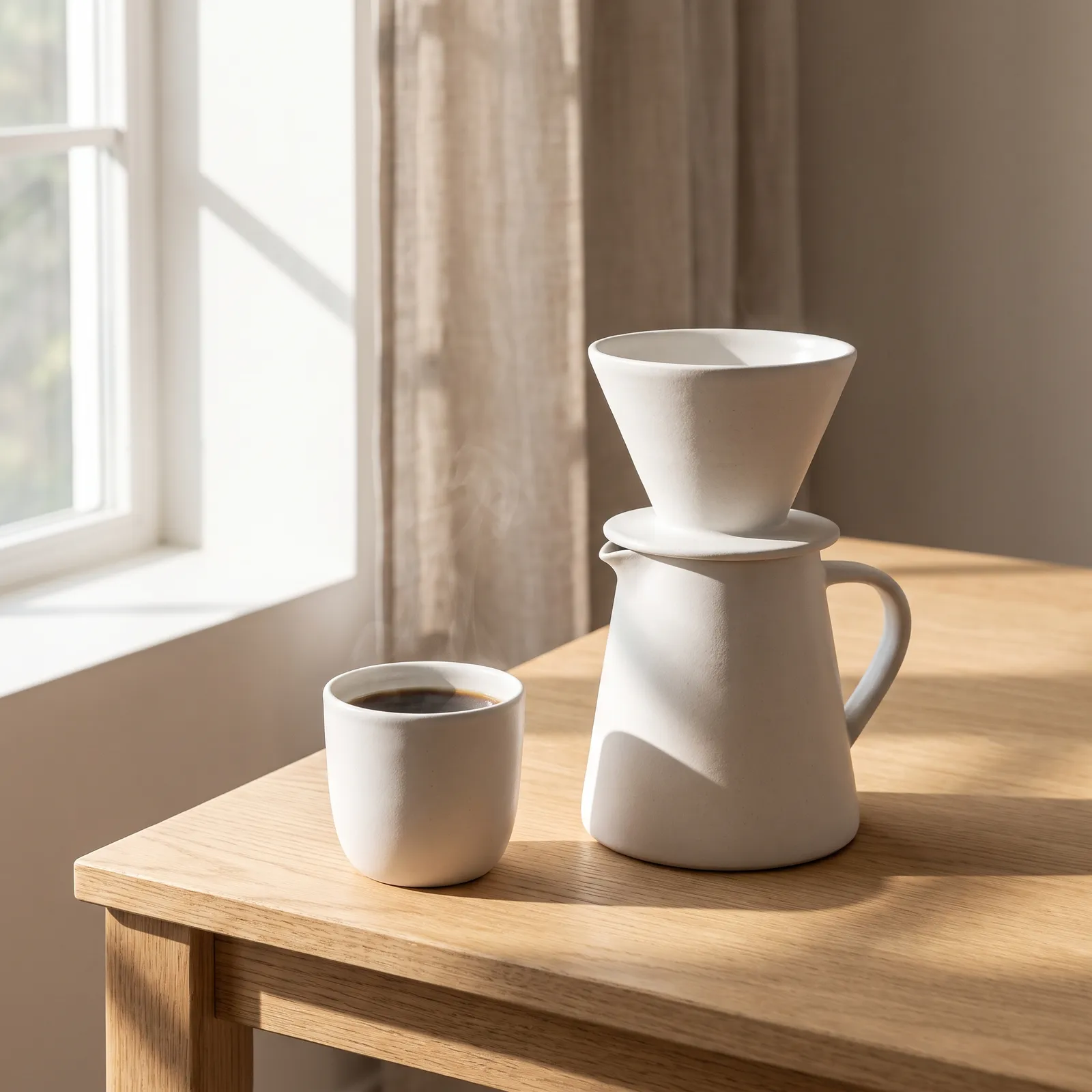 Minimalist ceramic pour-over coffee set on a light oak table, morning sunlight casting window shadows, steam from the cup, Japanese craft aesthetic, catalog photography