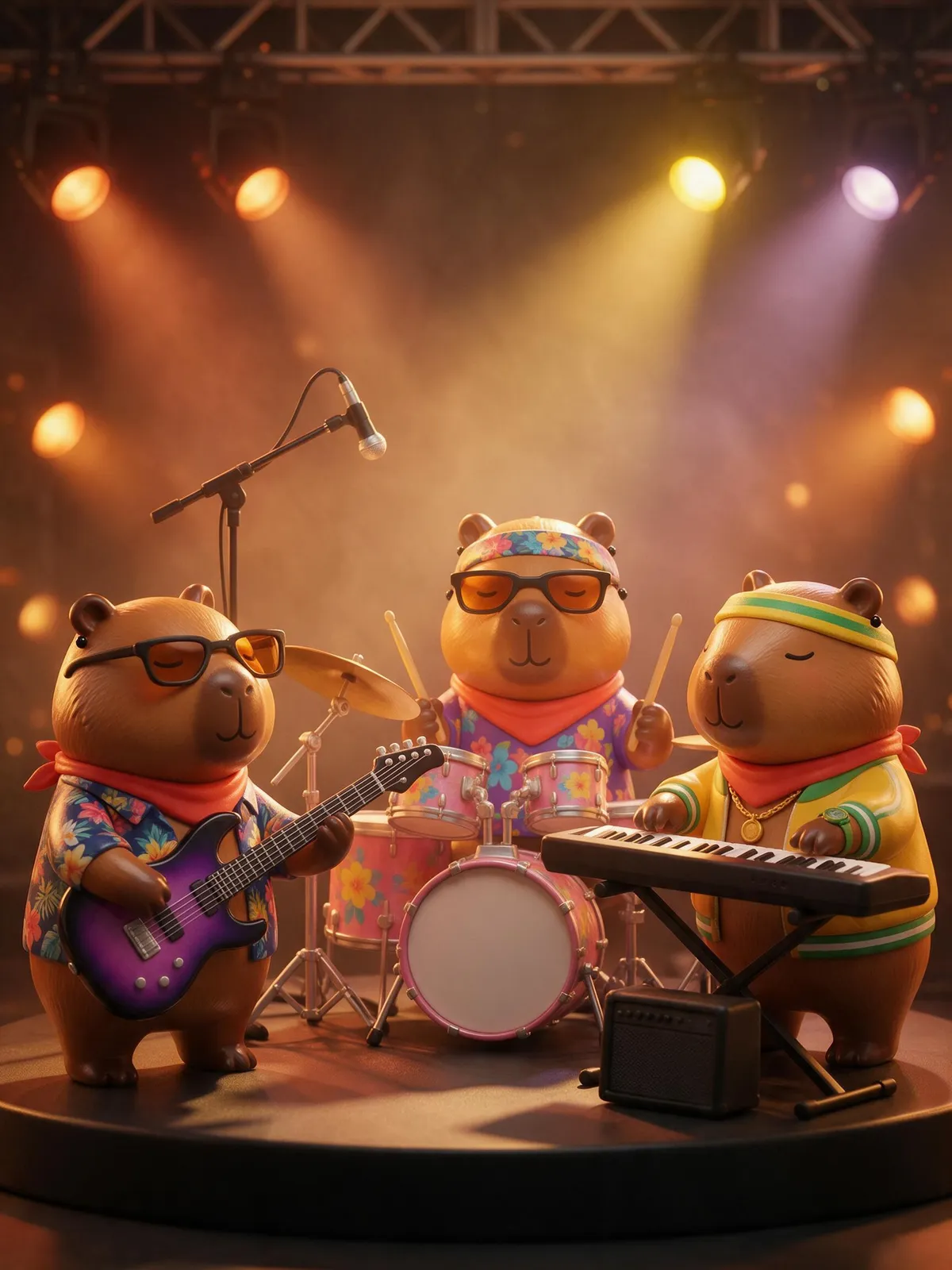 3D character render of a band of three capybaras playing guitar, drums and keyboard on a tiny stage with spotlights, relaxed happy faces, glossy designer-toy finish, warm concert glow
