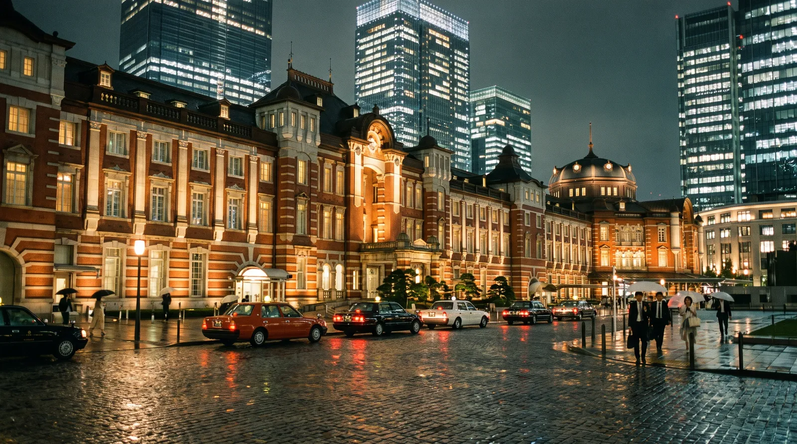 Tokyo Station Marunouchi red brick building at night with modern towers behind, illuminated facade, taxis waiting, elegant