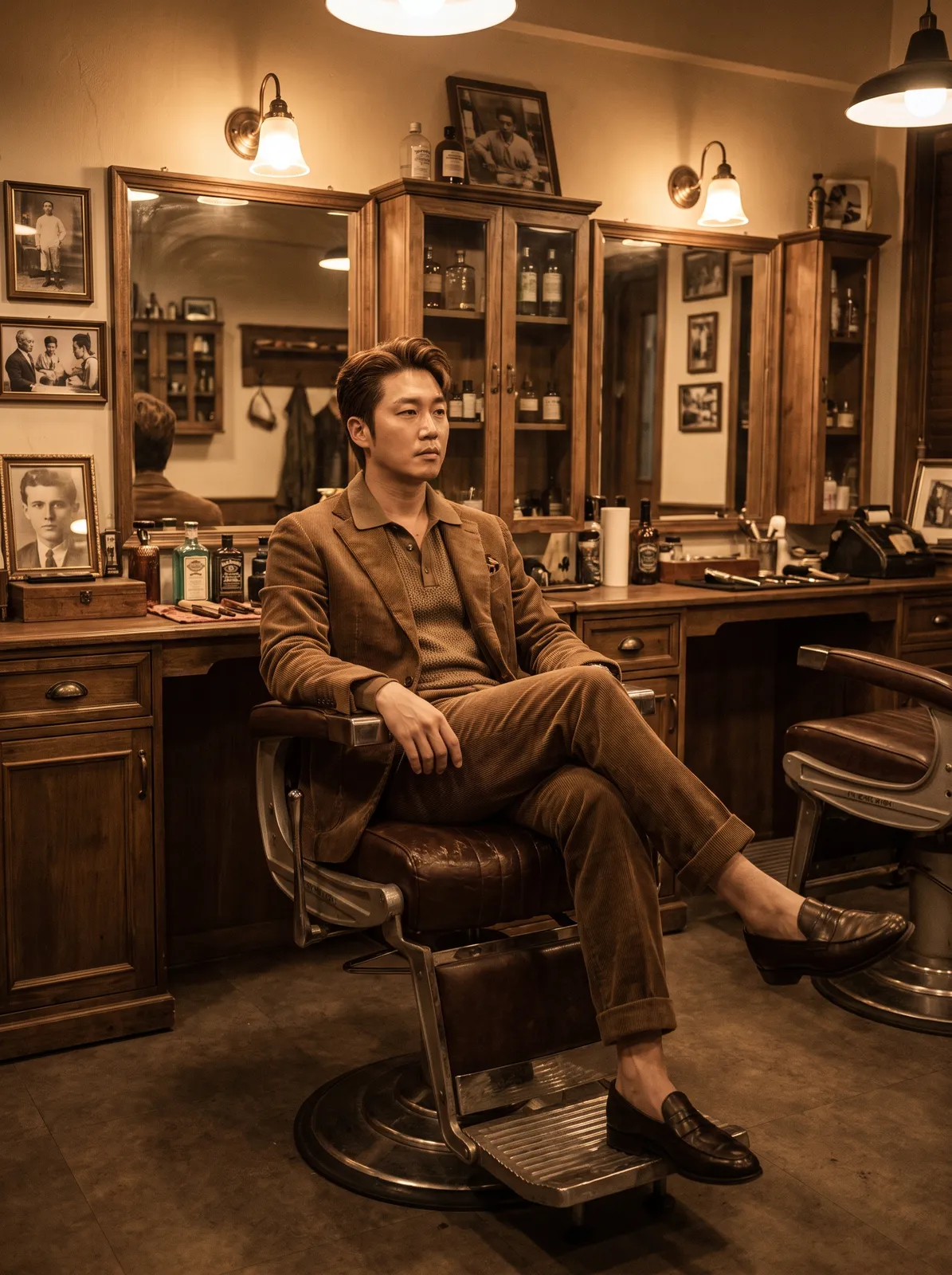 Menswear lookbook in a Seoul vintage barbershop: a model in a brown corduroy suit, knit polo and loafers sitting in a leather barber chair, warm tungsten light, retro mood