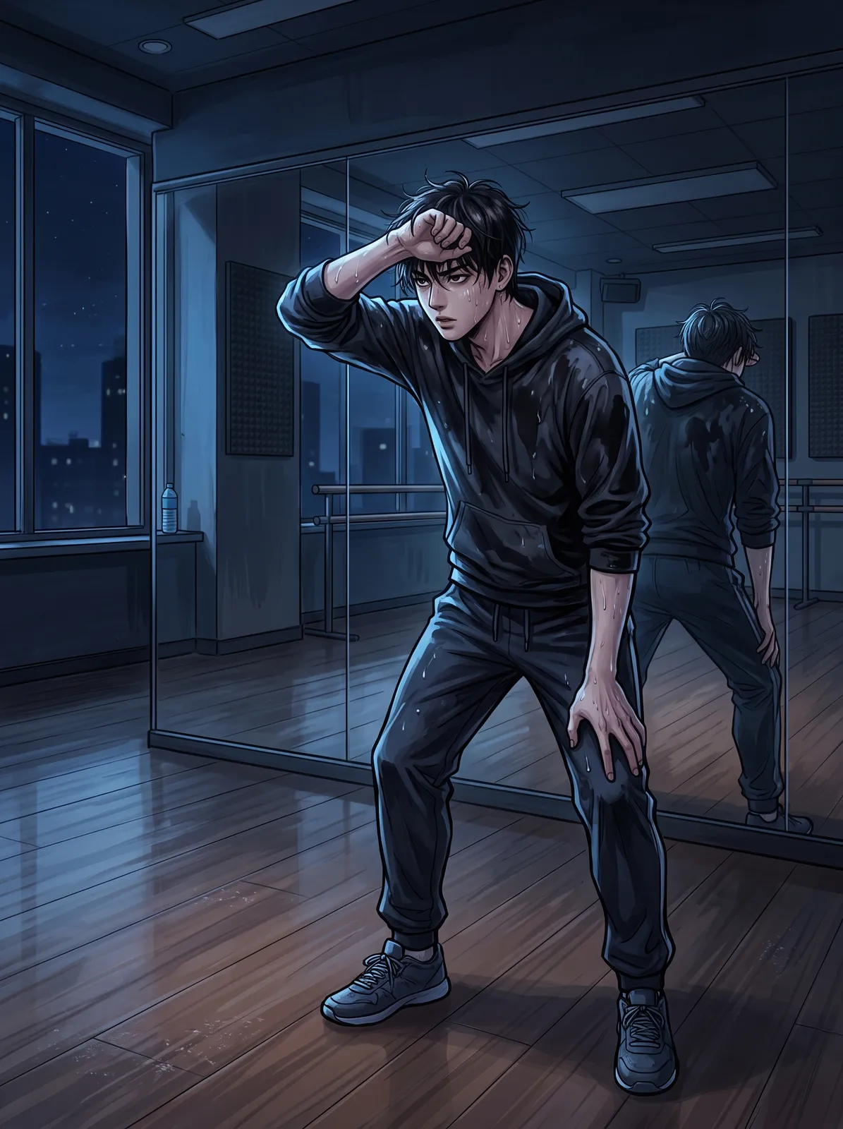 Webtoon idol drama: a K-pop boy group member alone in a practice room at night, mirror reflection, sweat-drenched shirt, determined look, cool blue lighting
