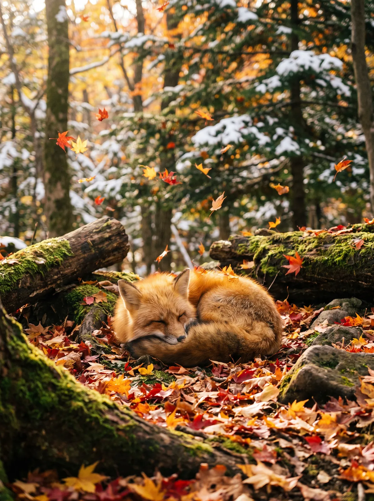 Animals: a red fox curled up asleep under falling maple leaves in a Hokkaido forest, soft autumn light, peaceful