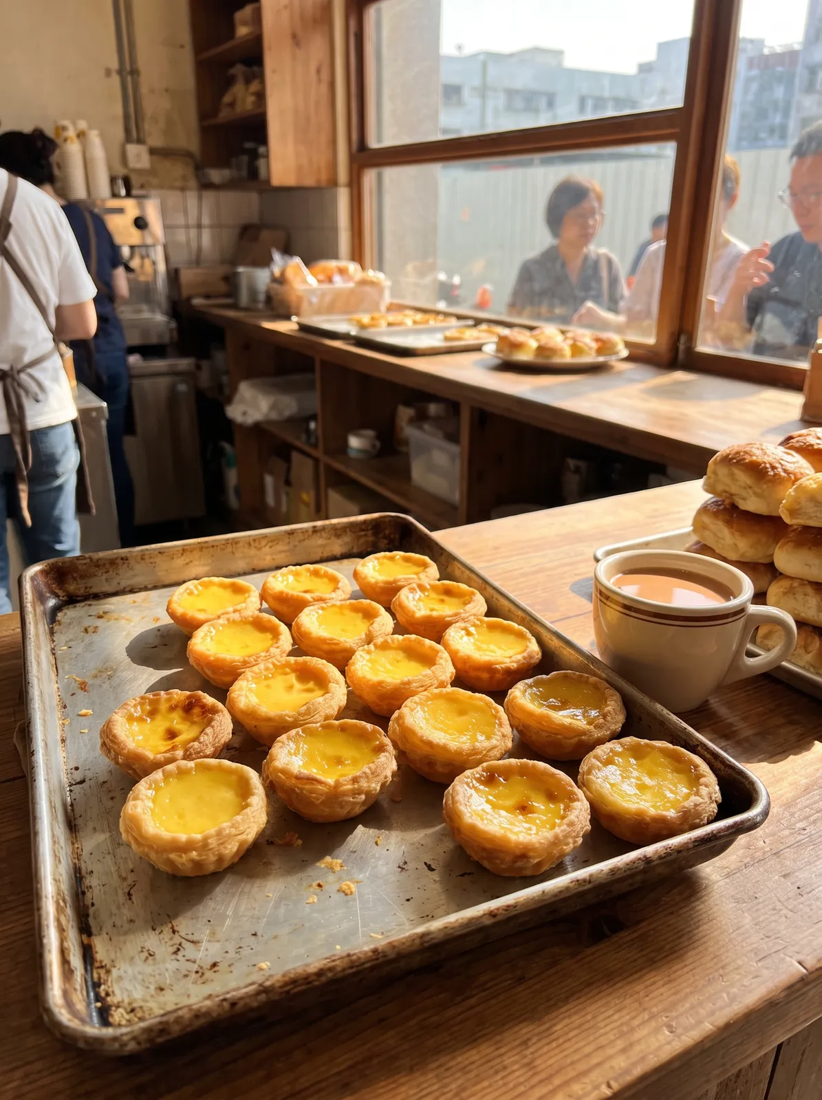 Hong Kong egg tarts fresh from the oven on a tray, flaky crust, glossy custard, a cup of milk tea, morning bakery light