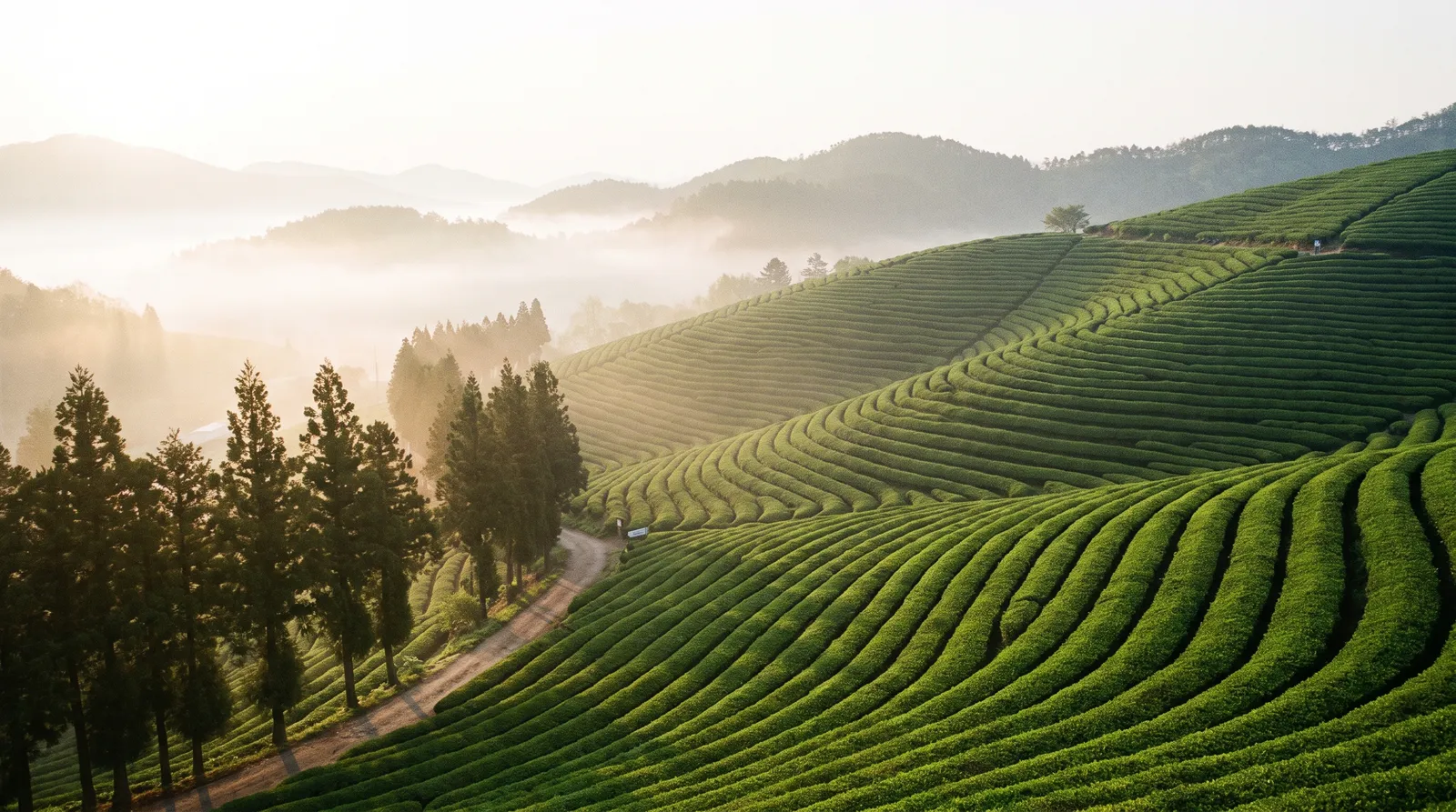 Tea plantations of Boseong, Korea in spring morning, endless rows of bright green tea bushes on rolling hills, mist in the valleys, cypress trees lining the path