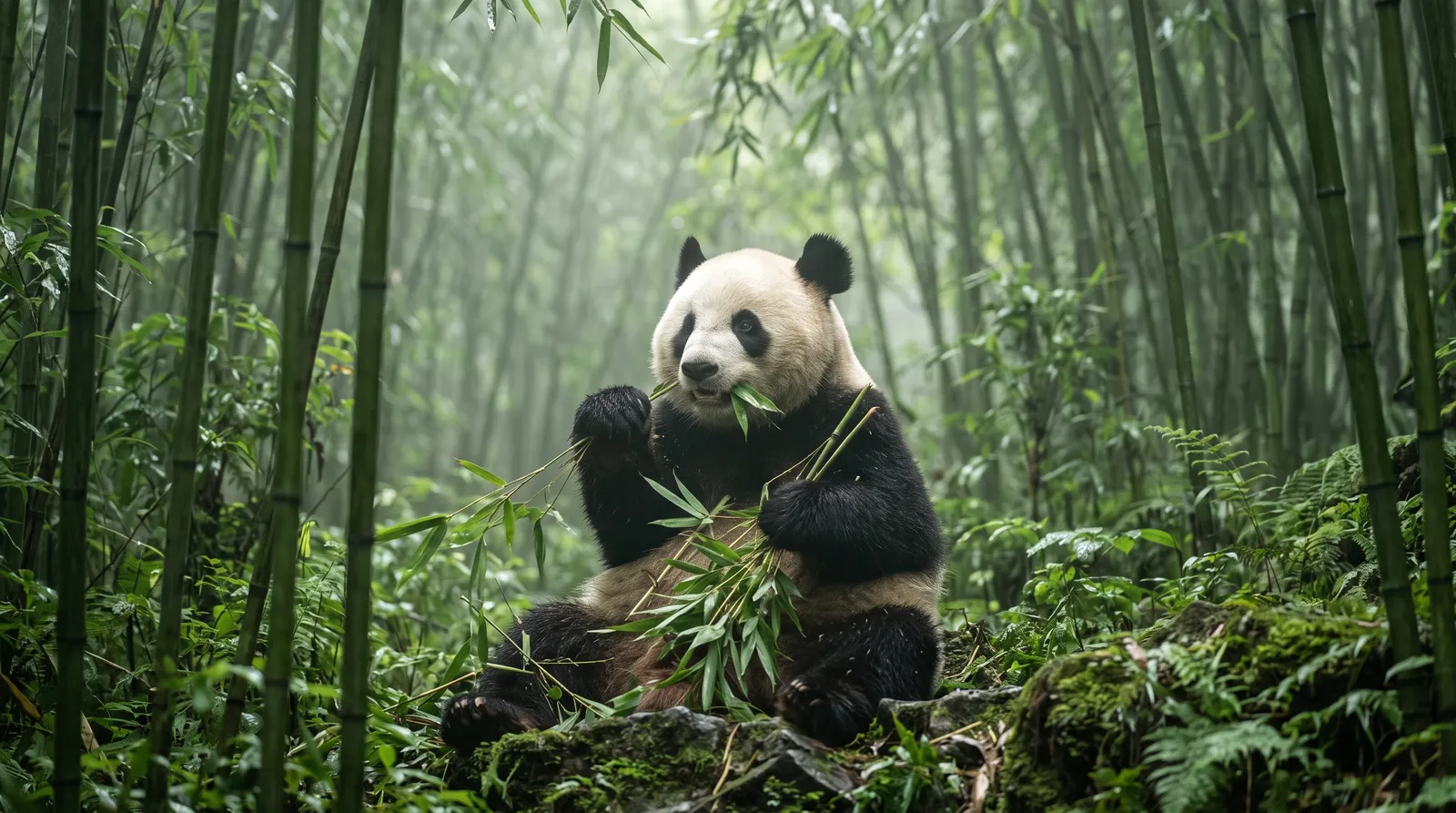 Giant panda munching bamboo in a misty Sichuan forest, soft green light filtering through the leaves, peaceful wildlife photography