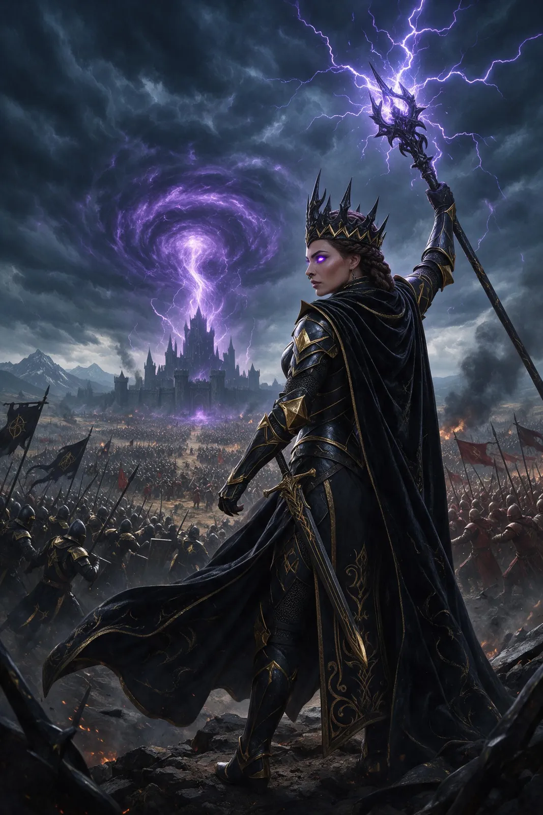 Battle mage queen in obsidian and gold armor raising a staff of lightning above a battlefield, storm clouds swirling, epic fantasy book cover