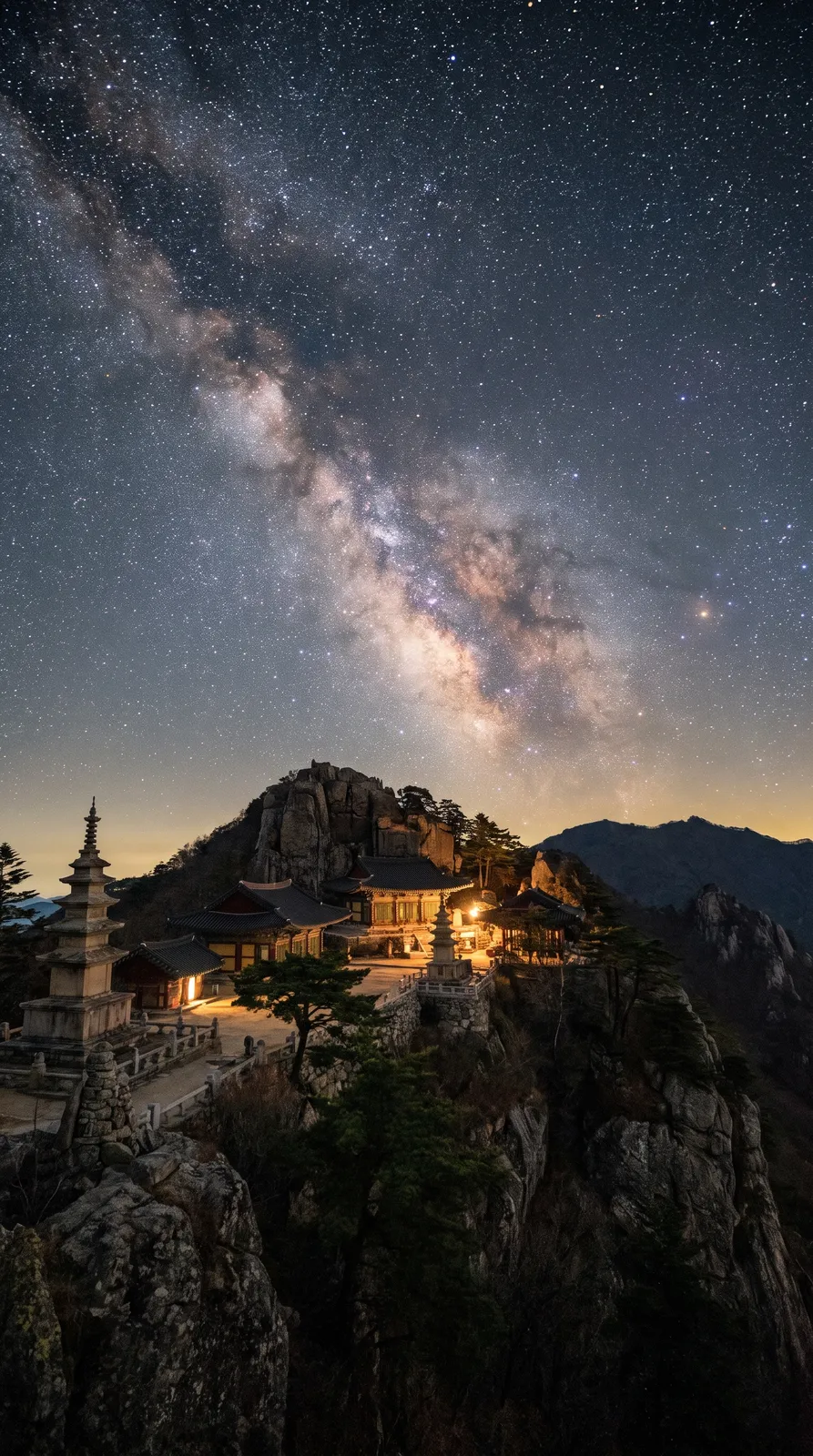 Phone wallpaper of the Milky Way rising over a Korean mountain temple, star-filled sky, faint lantern glow from the temple, long exposure astrophotography