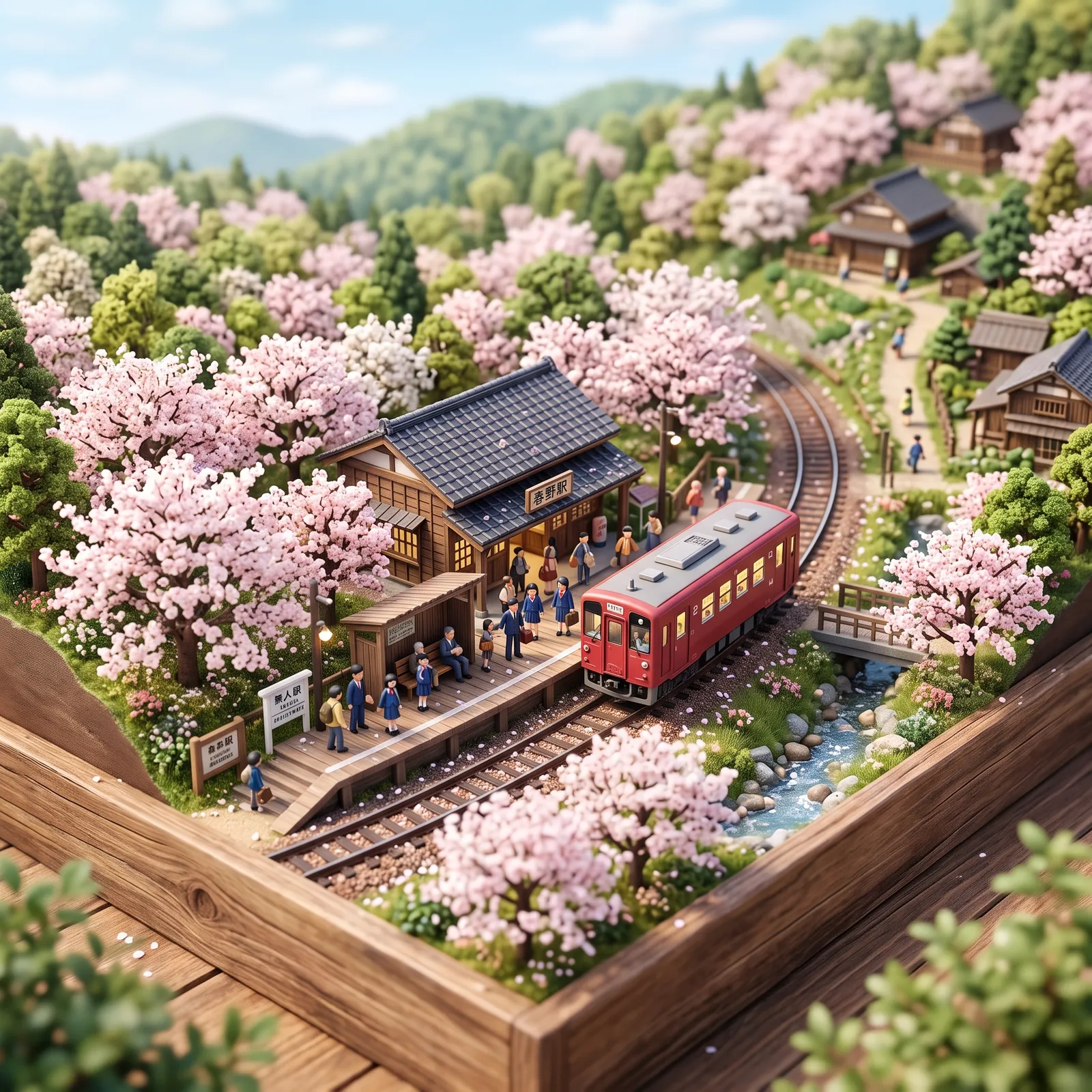 3D miniature diorama of a tiny Japanese train station in spring with cherry trees and a little train, tilt-shift toy look
