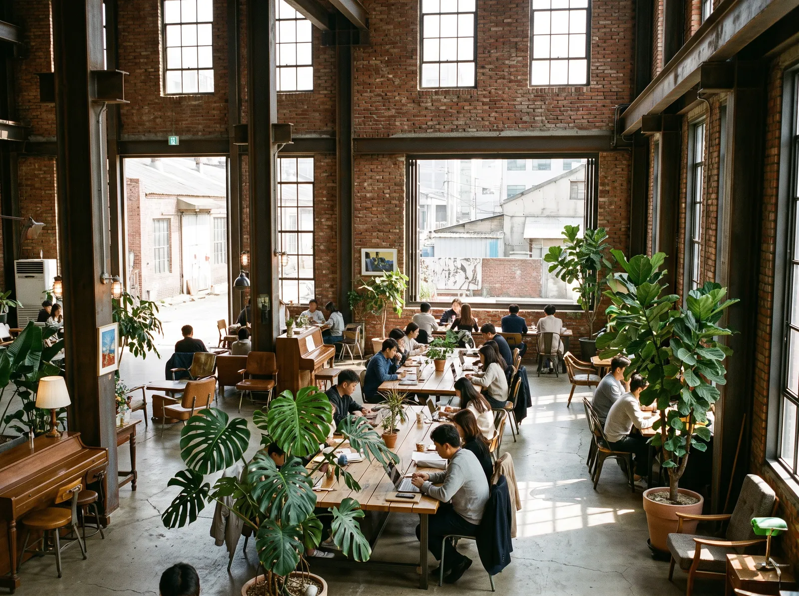 Industrial loft café in Seongsu-dong with exposed brick, steel beams, large plants and long communal tables, sunlight from tall windows, hip Seoul vibe
