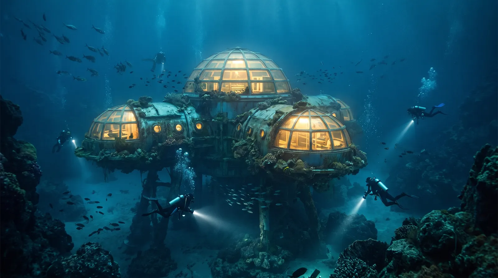 Photoreal underwater research base on the ocean floor near Okinawa, glowing dome windows, divers with lights, schools of fish, deep blue mystery