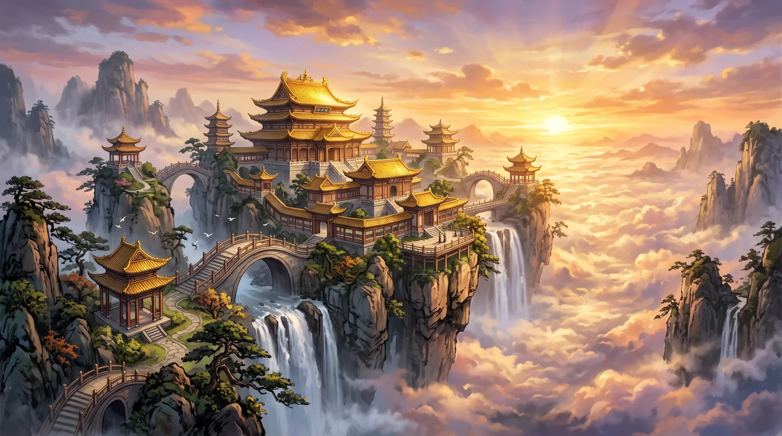 Wide guofeng landscape of a floating immortal palace above clouds at sunset, gold-roofed pavilions on cliff peaks connected by bridges, waterfalls into mist, xianxia fantasy epic, painterly