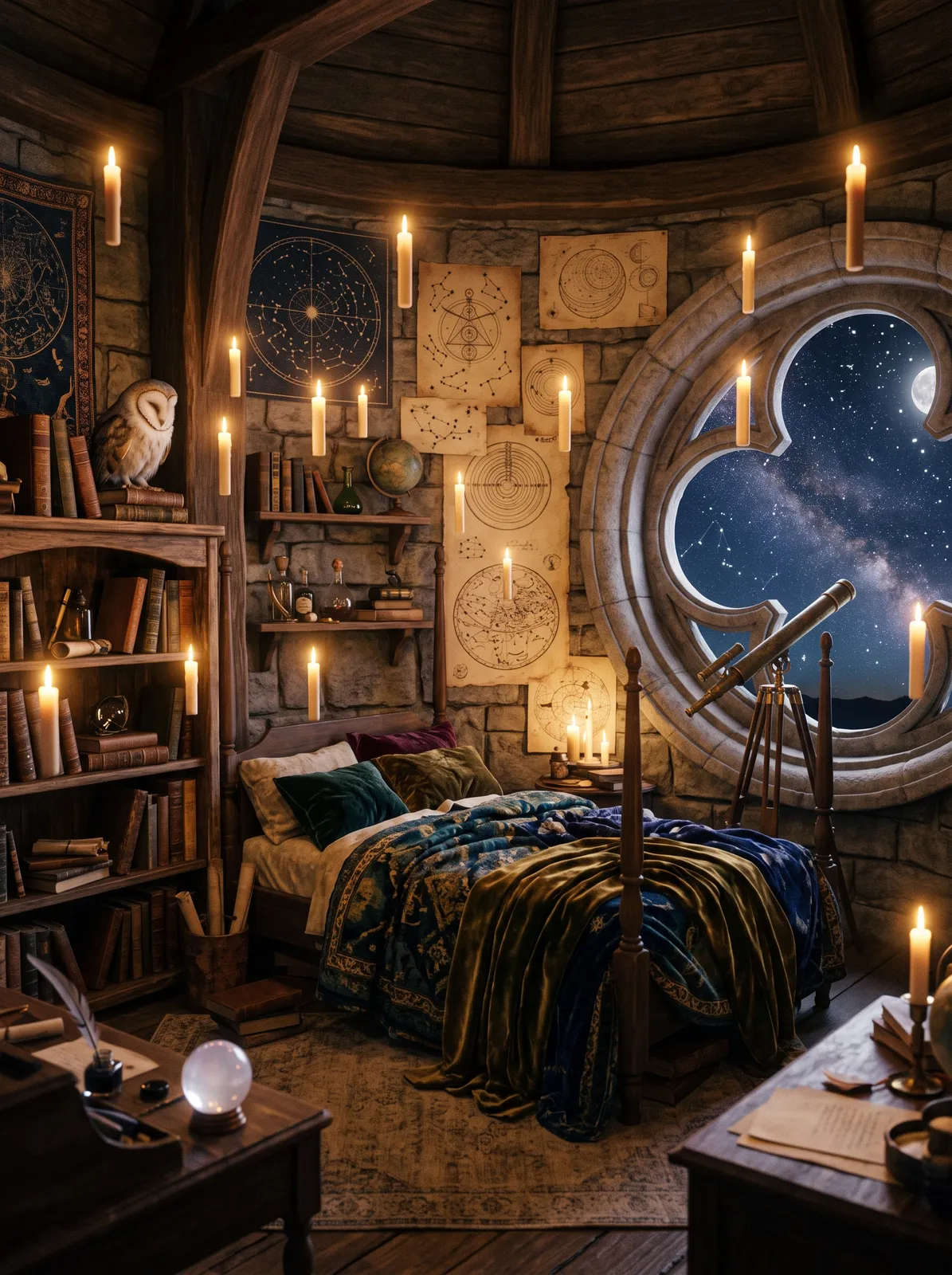 Cozy wizard's tower bedroom at night, star charts on the walls, a telescope by the round window, floating candles, an owl asleep on a bookshelf, warm magical mood