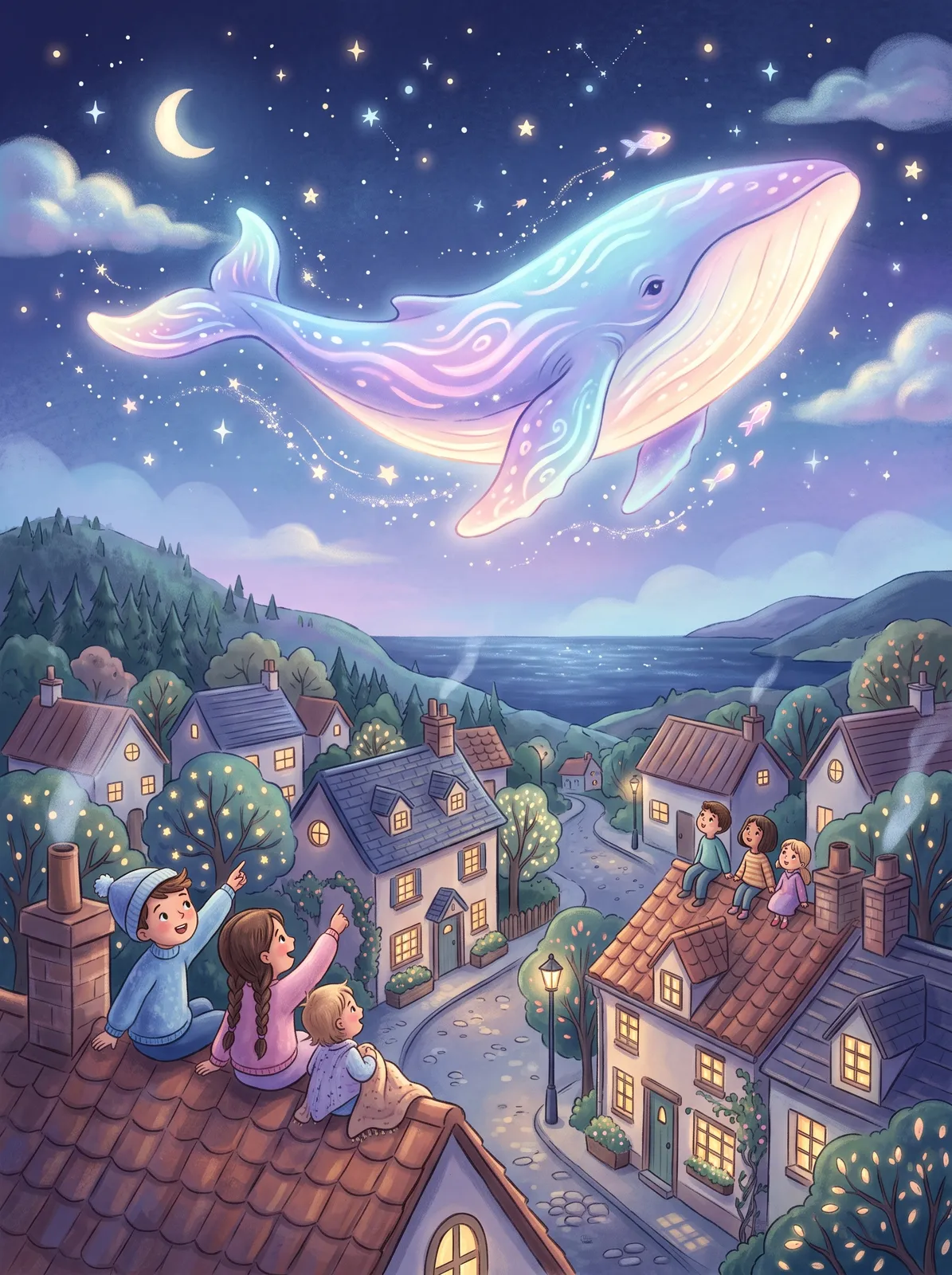 Dreamy pastel illustration of a whale flying over a small town at night with children watching from rooftops, soft gradients, picture book style