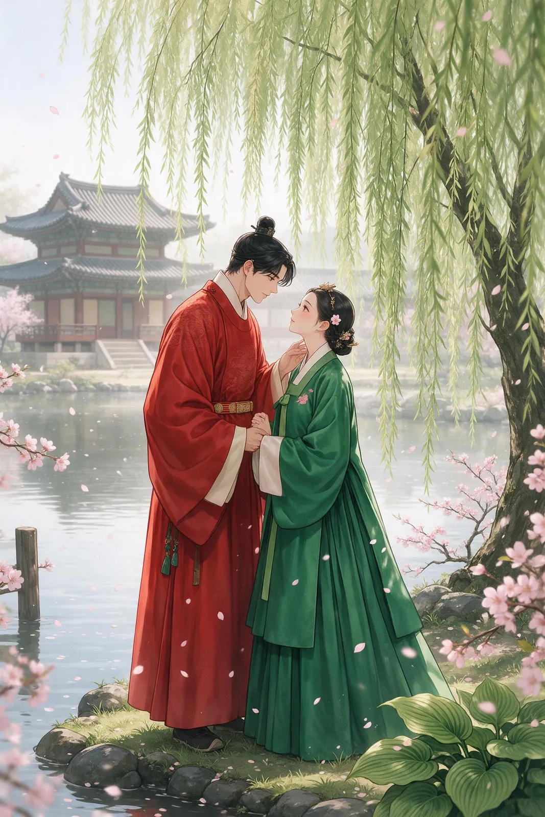 Webtoon historical romance in Joseon: a young king in red royal robes and a court lady in a green dangui meeting under a willow by a palace pond, spring blossoms