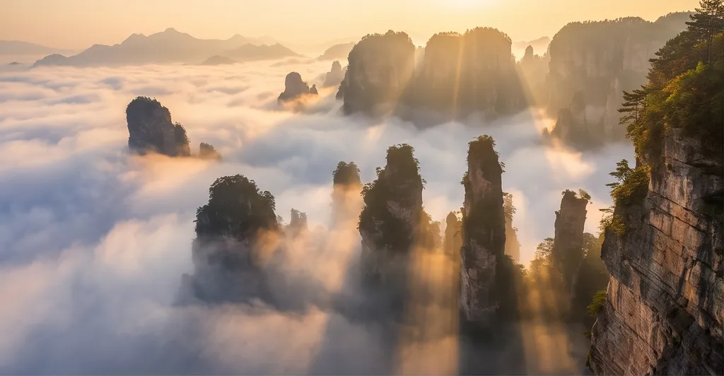 The Zhangjiajie pillar mountains in clouds, epic landscape photography, golden hour