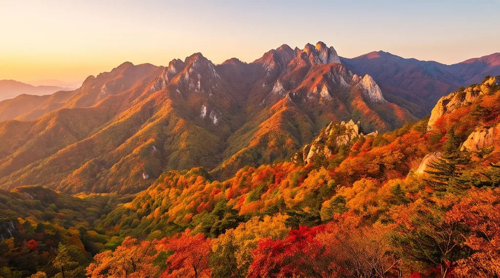 The Seoraksan mountains in autumn foliage, epic landscape photography, golden hour