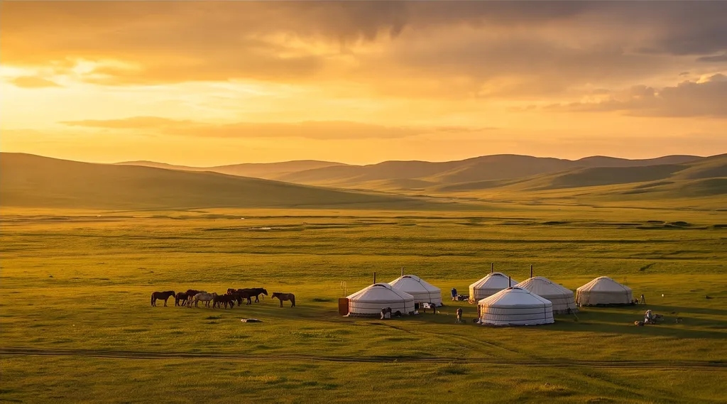 A Mongolian grassland with yurts, epic landscape photography, golden hour