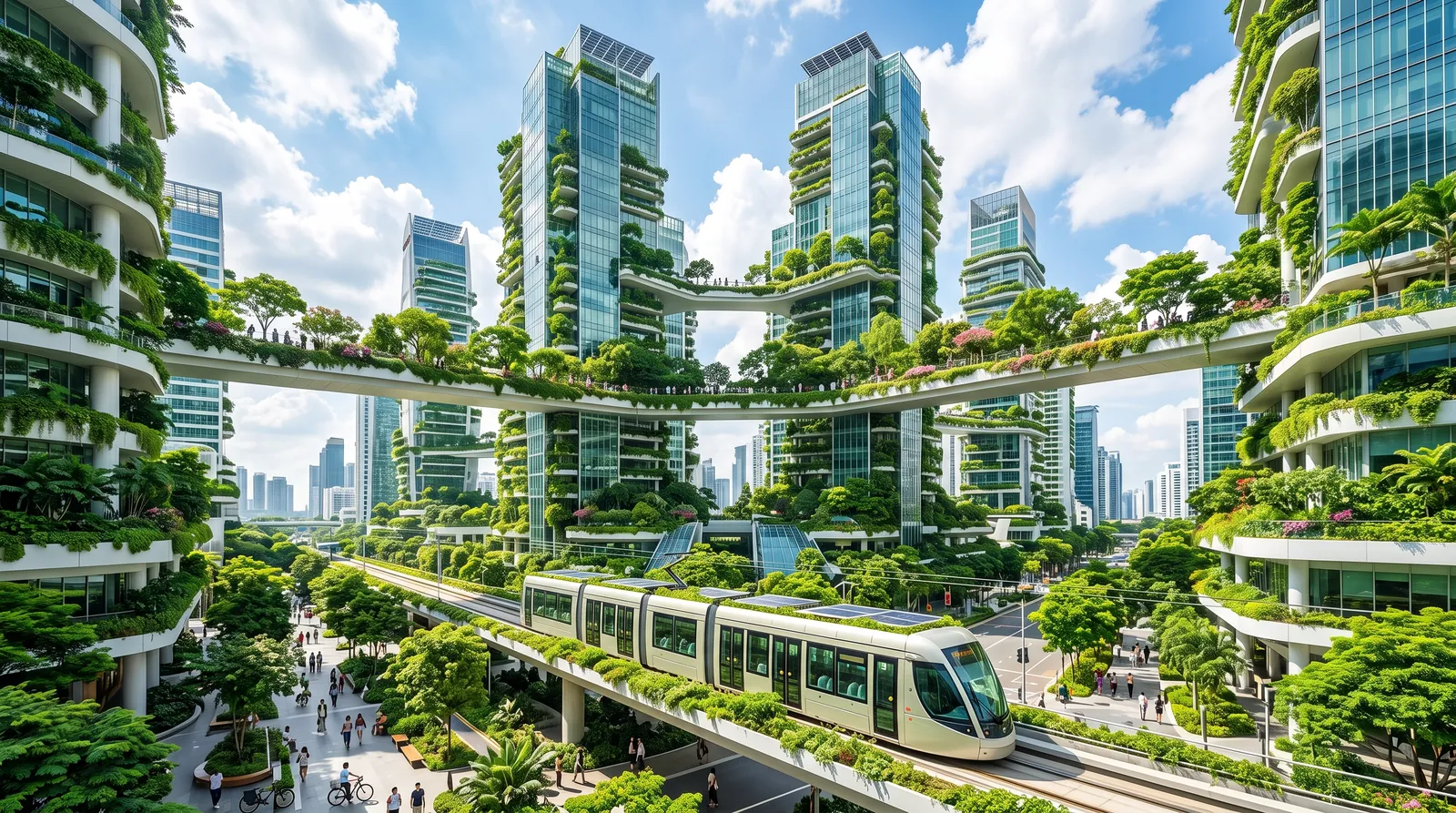 Solarpunk Singapore: towering vertical gardens wrapped around glass skyscrapers, sky bridges filled with trees, clean trams below, bright optimistic daylight, lush green and white palette
