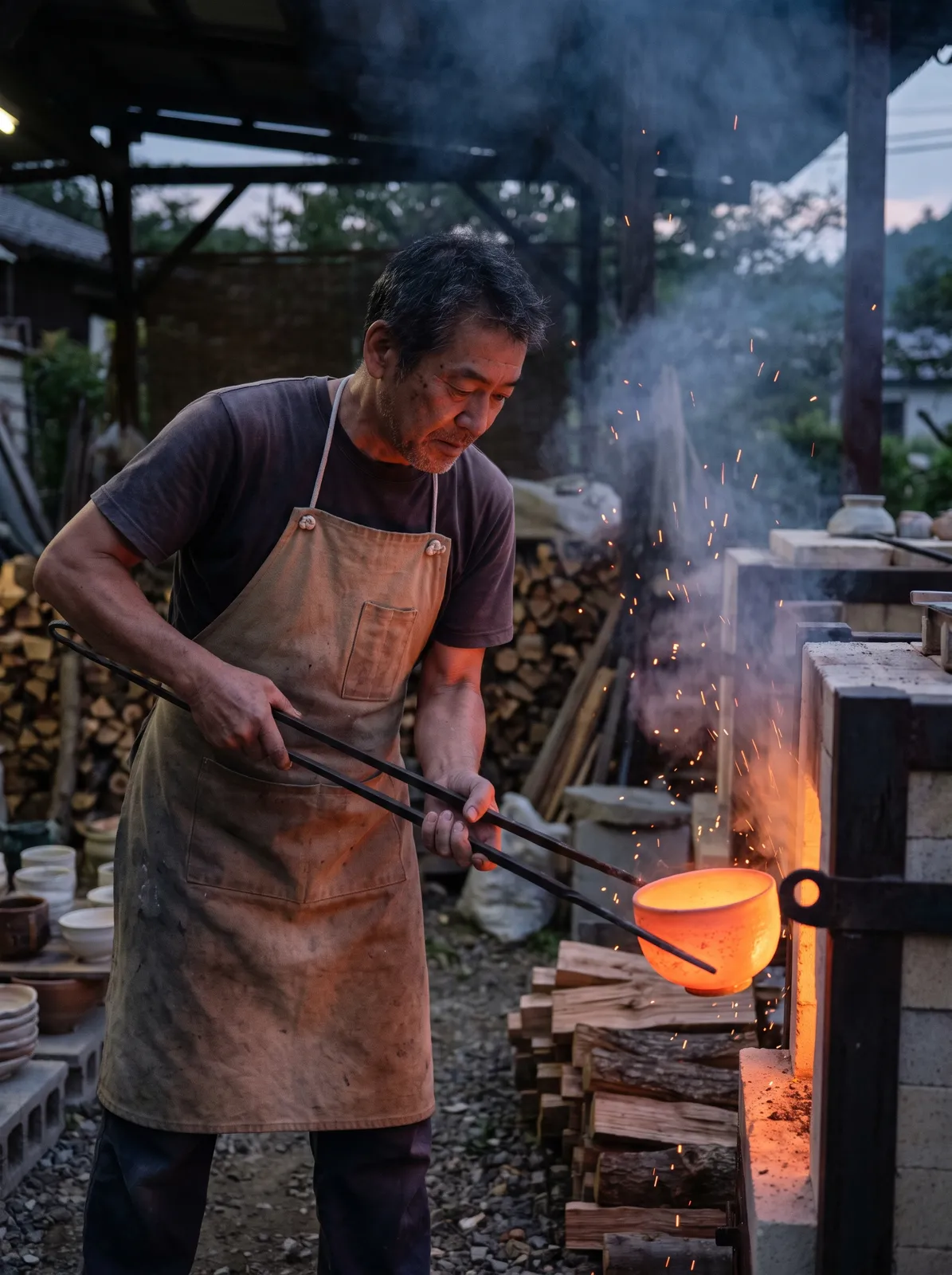 Japanese potter in his fifties in Mashiko pulling a glowing bowl from a raku kiln with long tongs, sparks and smoke, dusk light, intense focus, documentary portrait