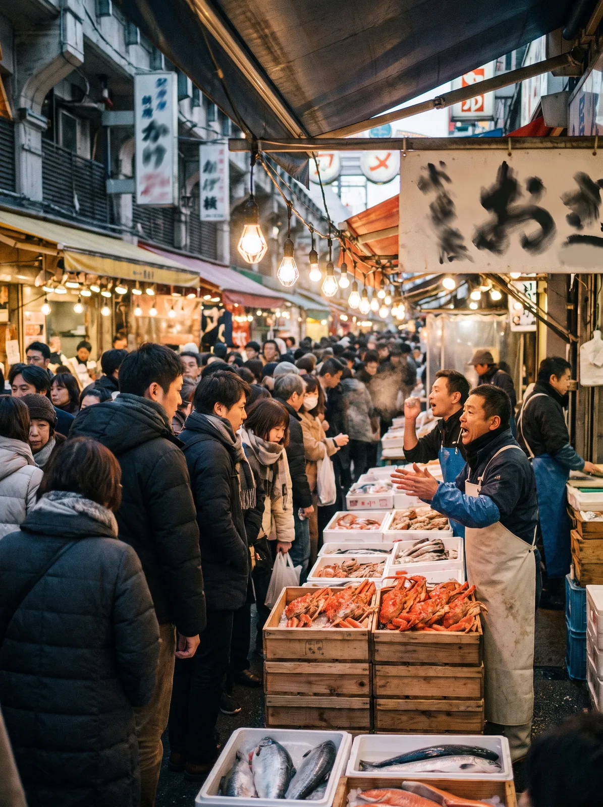 Tokyo's Ameyoko market street in the last days of December, vendors calling out over crates of crab and salmon, dense crowds in winter coats, bare bulbs glowing, signage without readable text, street 