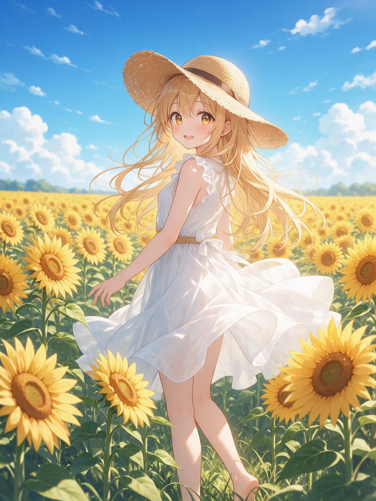 Anime girl in a white summer dress standing in a field of sunflowers, looking back over her shoulder, wide-brimmed hat, bright blue sky, cheerful and sentimental, detailed background