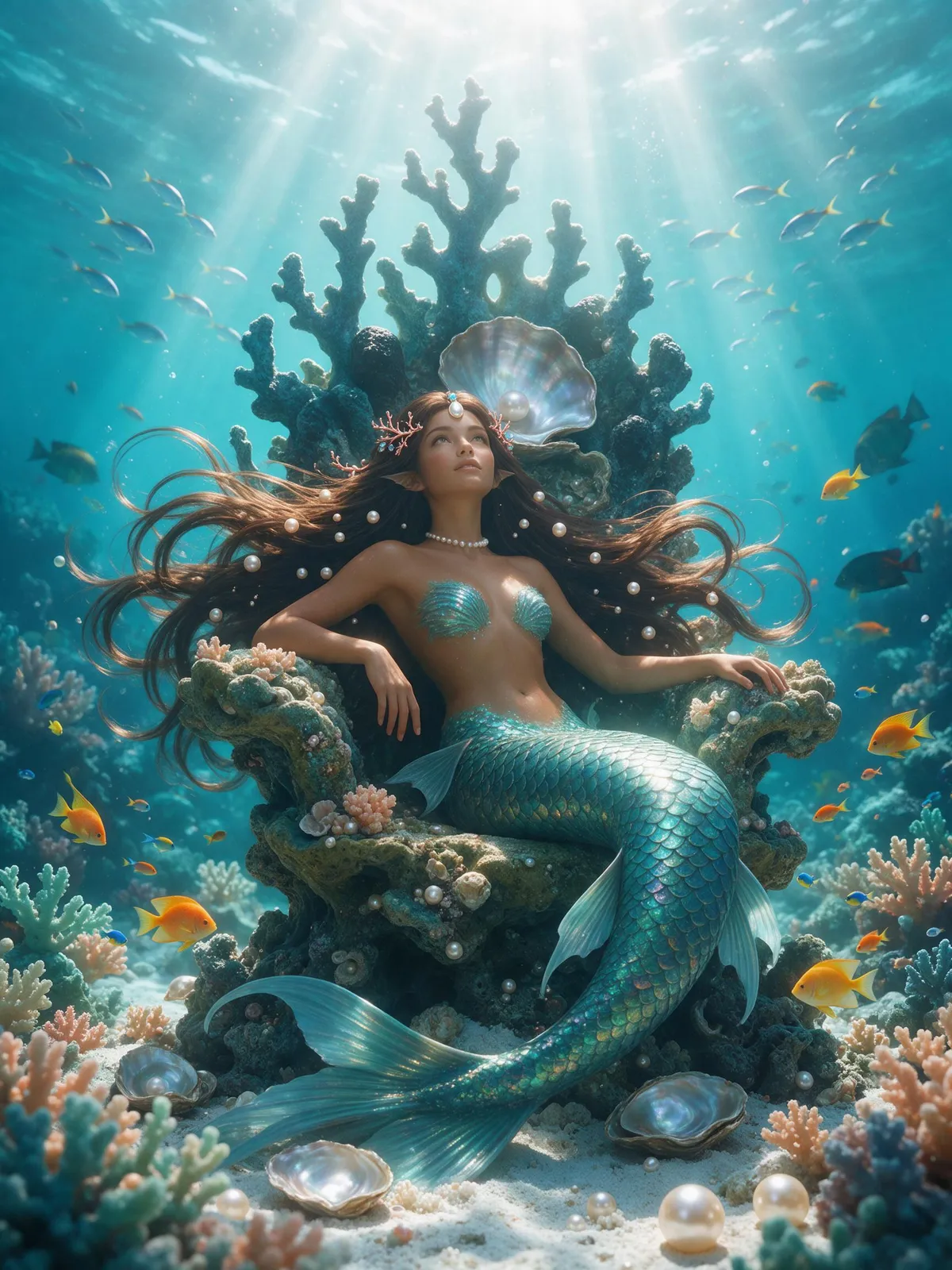 Mermaid with iridescent teal scales sitting on a coral reef throne, sunbeams piercing the water, schools of fish, pearls in her hair, luminous underwater scene