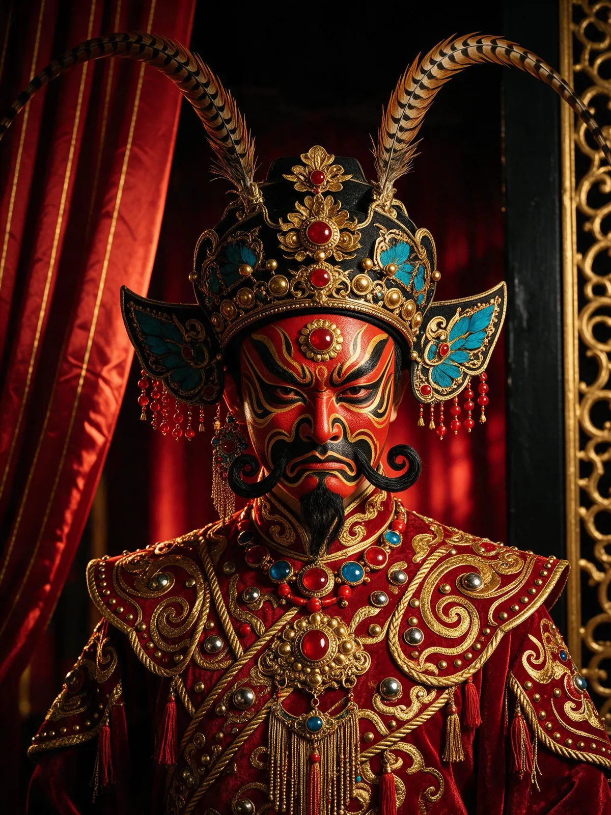 Peking opera inspired character in a painted mask and elaborate pheasant-feather headdress, vivid red, gold and black, dramatic stage light, ornate costume detail