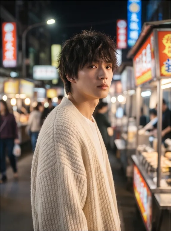 High fashion editorial of a young Japanese man wearing an oversized cream knit cardigan in a Taipei night market, cinematic side light, dreamy soft focus portrait