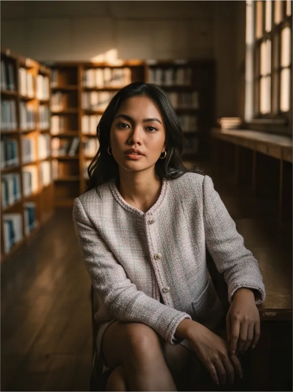 High fashion editorial of a Filipino woman in her twenties wearing a pastel tweed jacket in a sunlit library, moody low key lighting, candid street photography