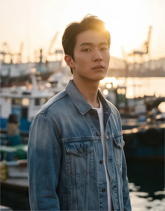 High fashion editorial of a young Chinese man wearing a vintage denim jacket in a Busan harbor, golden hour backlight, shot on 85mm, shallow depth of field