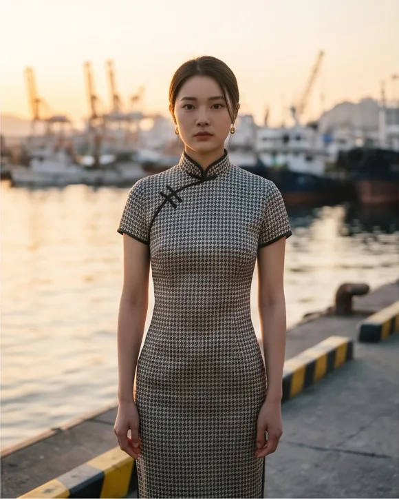 High fashion editorial of a young Chinese woman wearing a modern qipao in a Busan harbor, golden hour backlight, cinematic film still