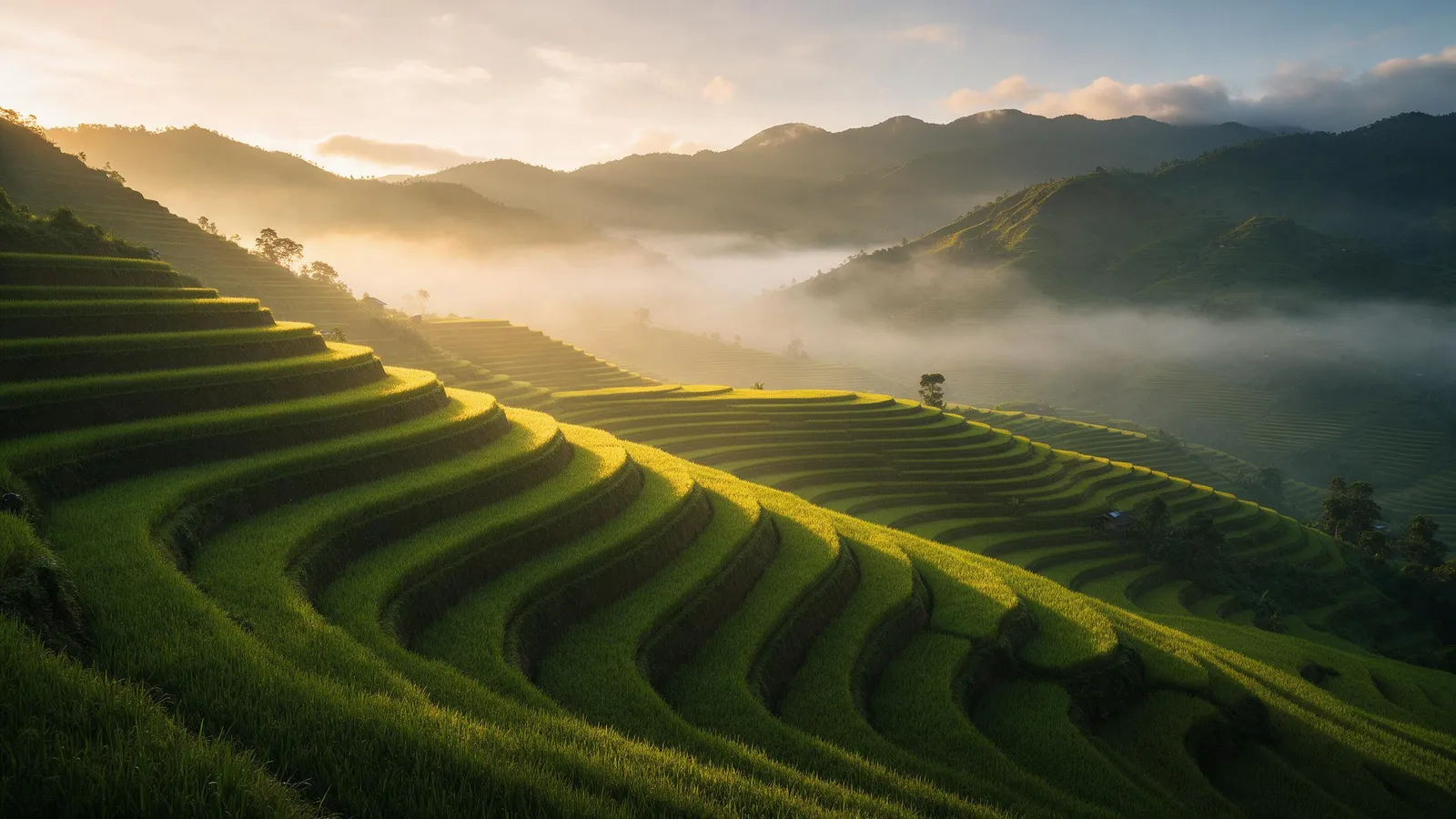 Banaue rice terraces in the Philippines at sunrise, mist filling the valleys, layered green steps catching golden light, epic landscape photography