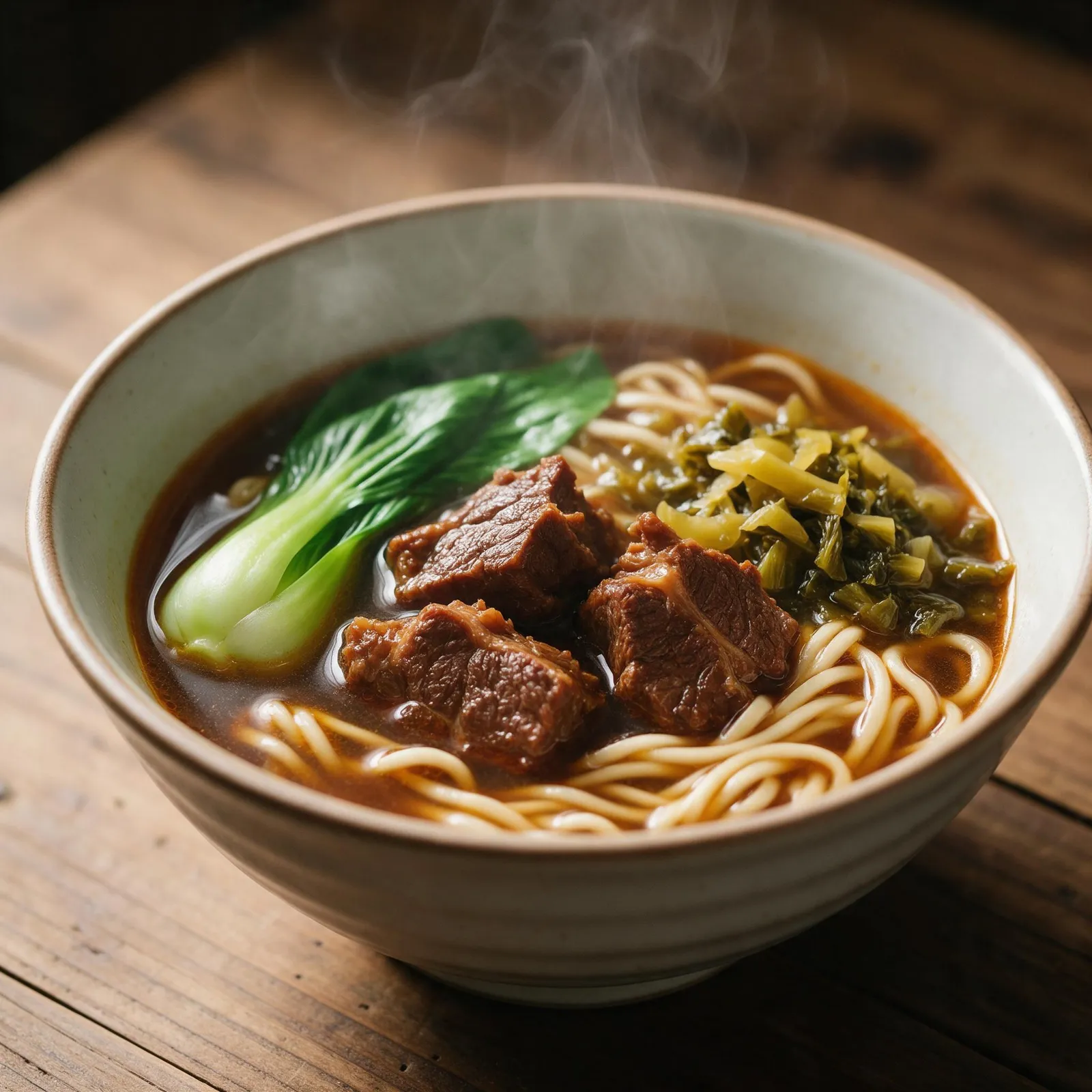 Bowl of Taiwanese beef noodle soup with tender braised beef, bok choy and pickled mustard greens, rich broth, rustic wooden table, steam