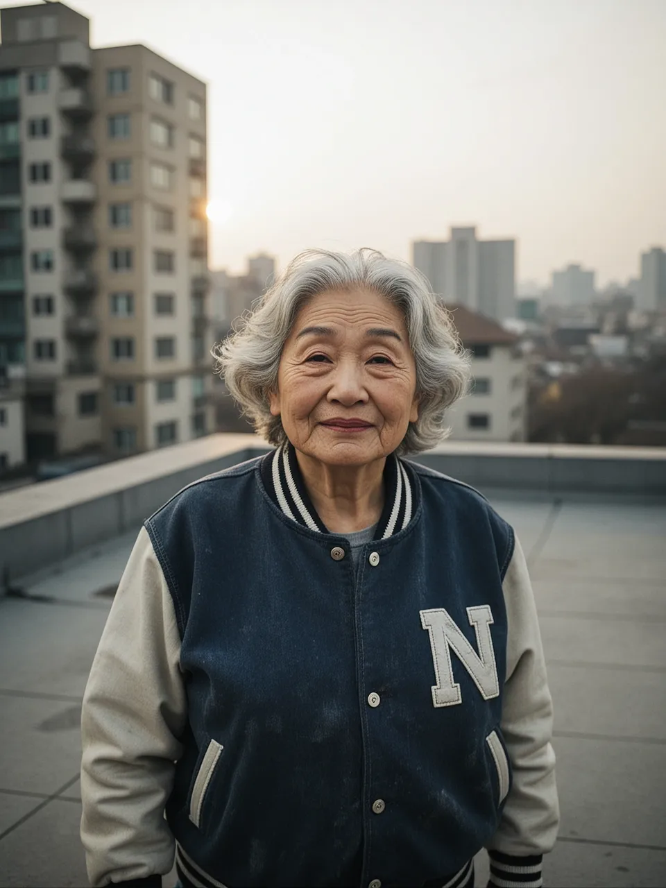 Portrait of a Chinese grandmother wearing a varsity jacket in a Seoul rooftop at golden hour, overcast diffused light, cinematic film still