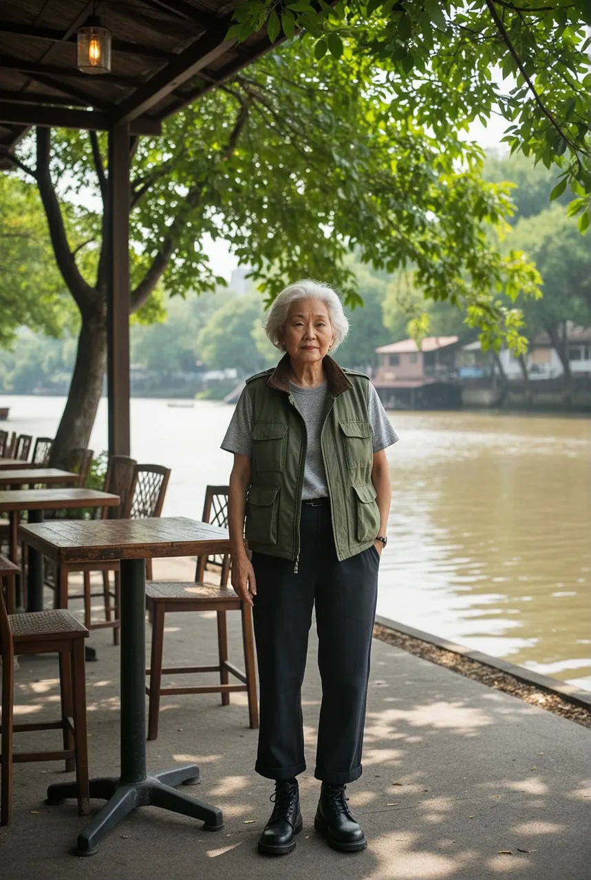 High fashion editorial of a Chinese grandmother wearing streetwear with a cargo vest in a Bangkok riverside cafe, dappled sunlight through leaves, high fashion campaign photo