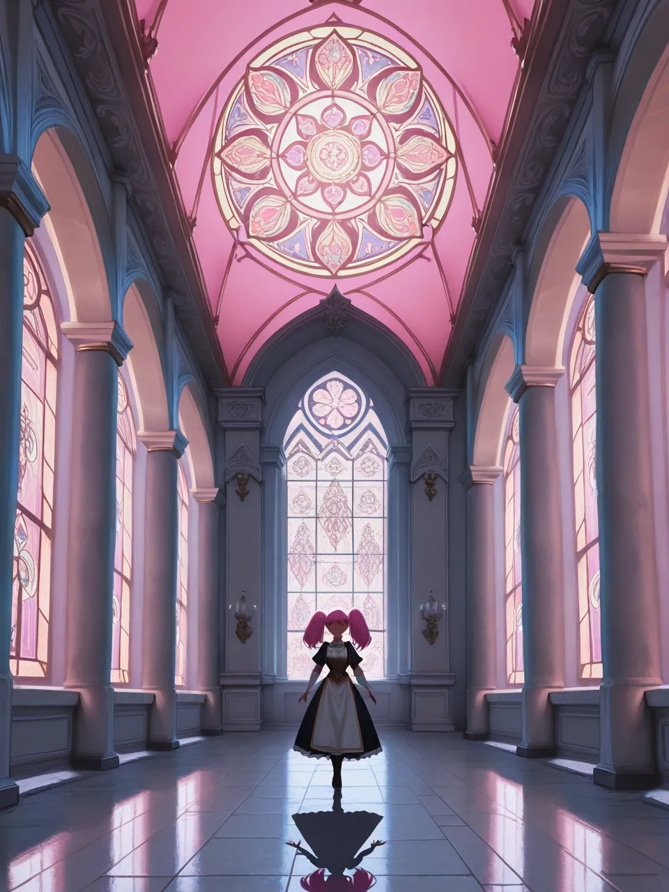 Korean webtoon style, clean line art, soft cel shading: a girl with pink twin tails in a fantasy castle hall