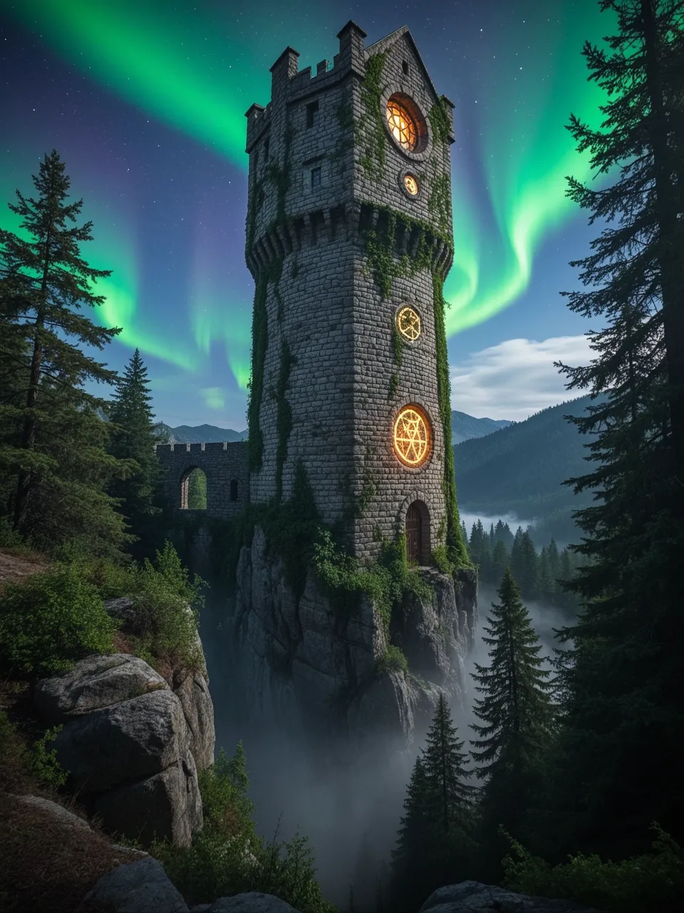 A wizard tower under the aurora, epic fantasy digital painting, cinematic light