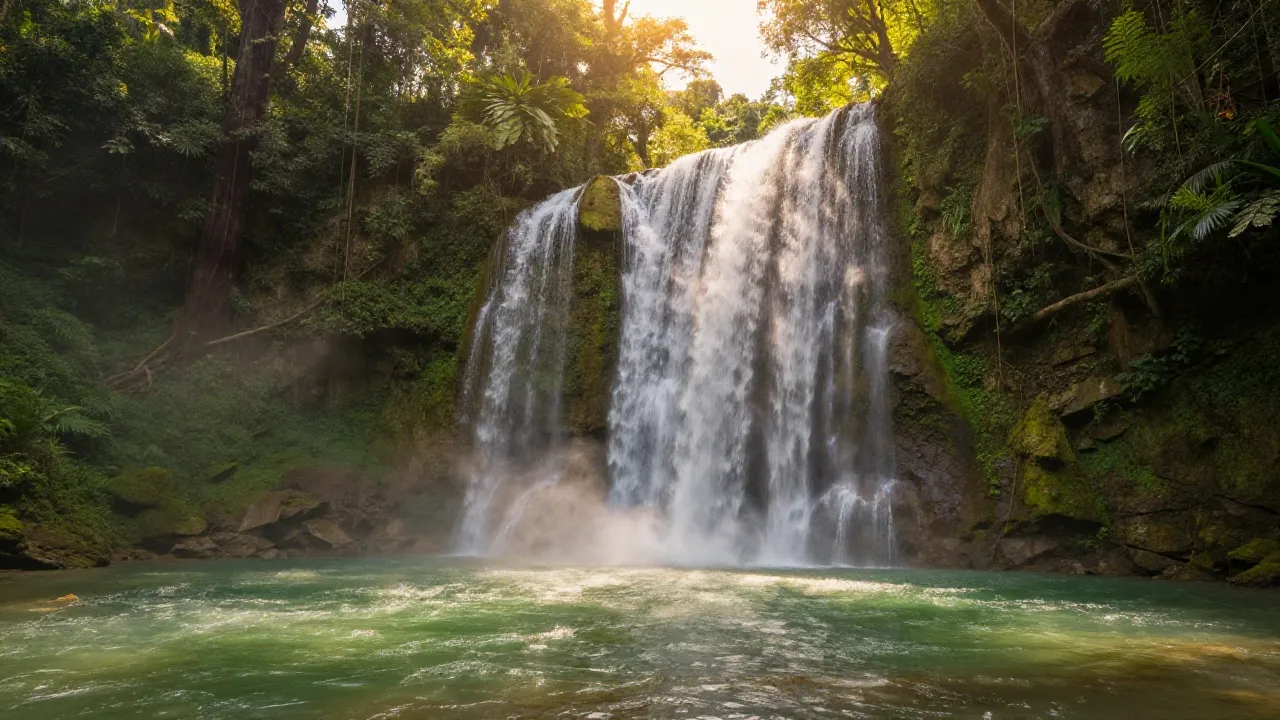 A waterfall in a jungle, epic landscape photography, golden hour