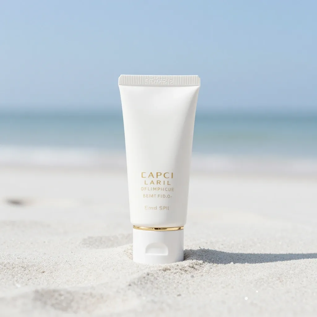 A sunscreen tube on beach sand, luxury product photography, minimal composition