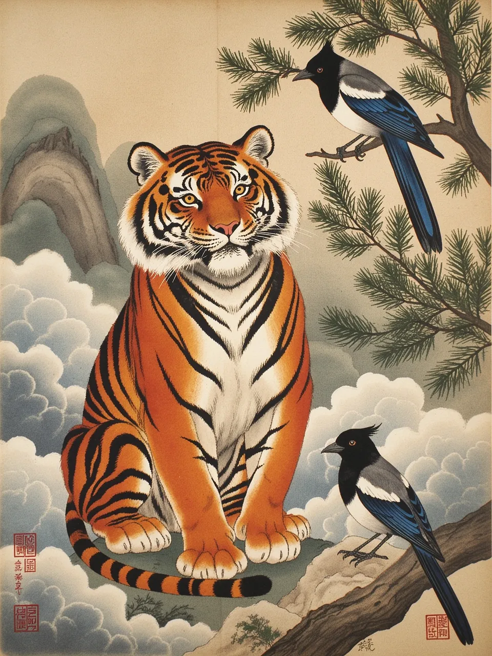 A Korean minhwa tiger and magpie, beautiful illustration