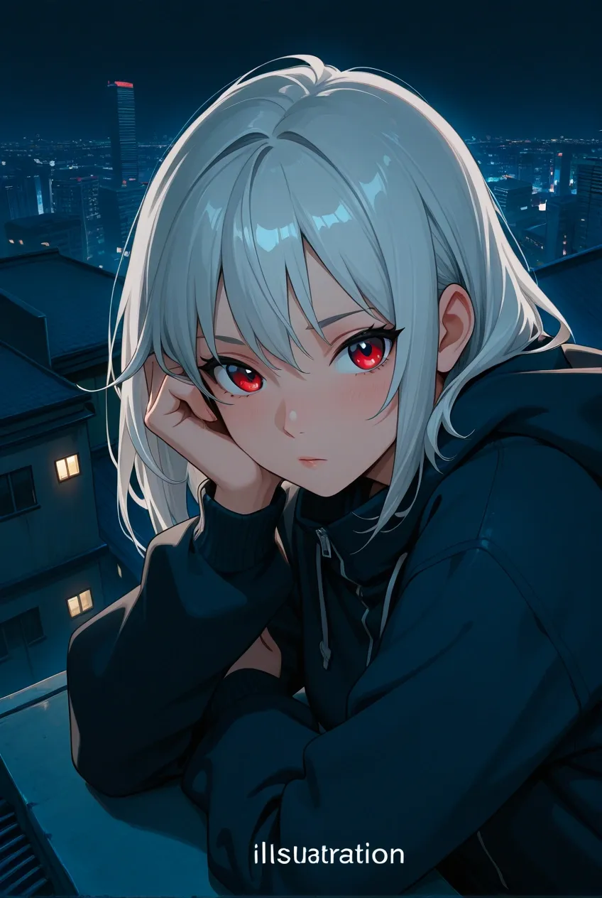 90s retro anime style, soft film grain: a girl with silver hair and red eyes on a rooftop at night