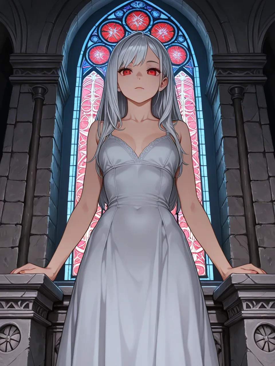 Korean webtoon style, clean line art, soft cel shading: a girl with silver hair and red eyes in a fantasy castle hall