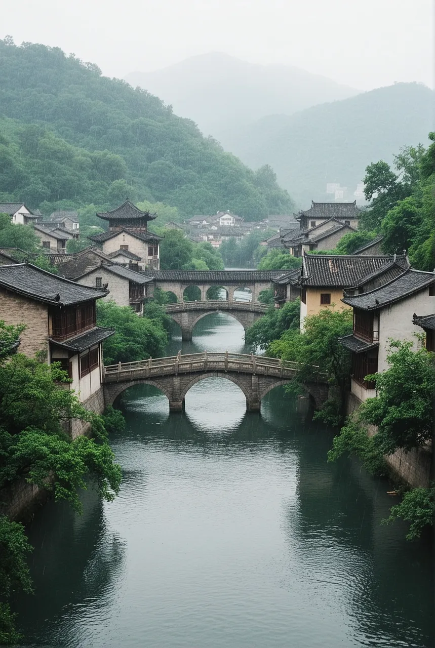 Chinese guofeng digital painting of a river town with stone bridges in rain, ink wash textures with fine gold lines, ethereal atmosphere