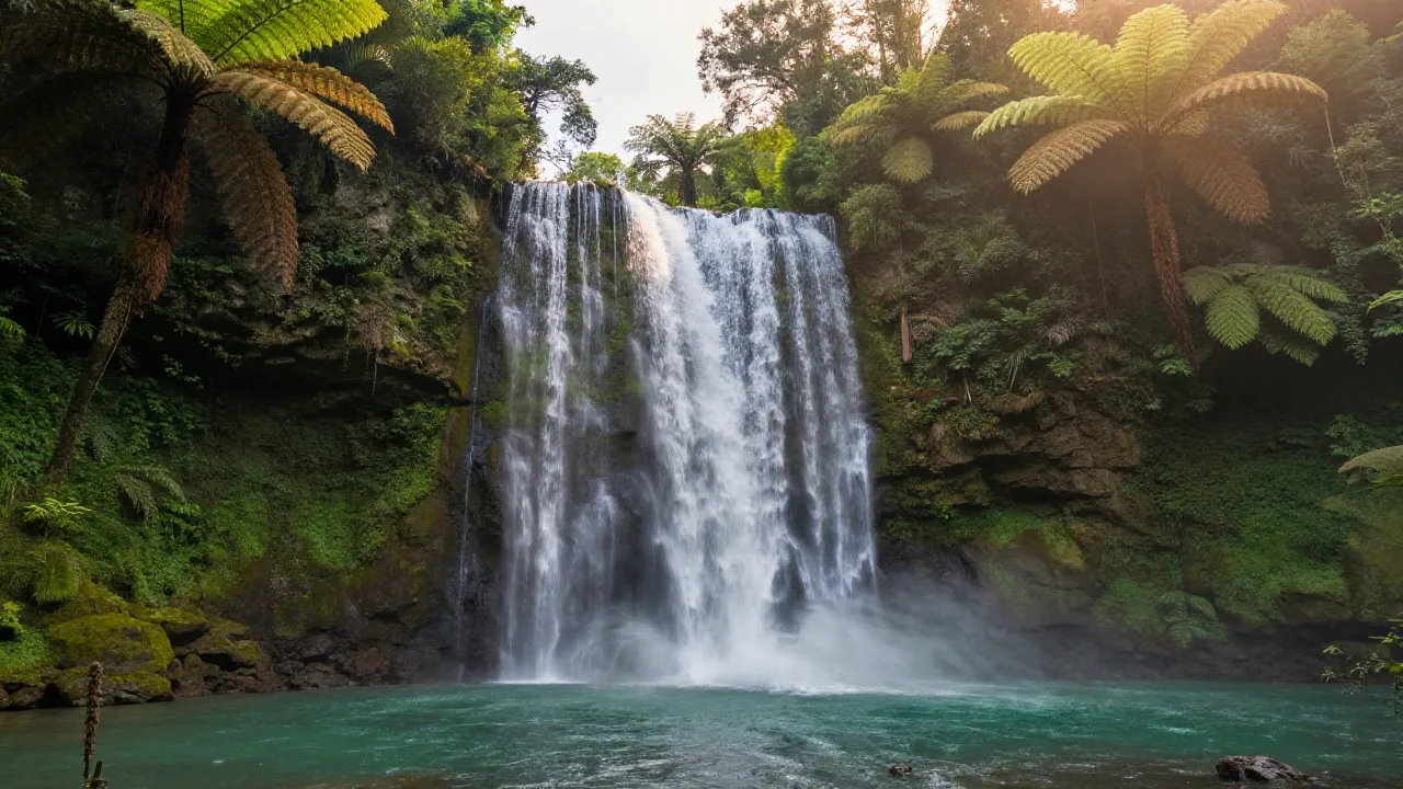 A waterfall in a jungle, epic landscape photography, golden hour