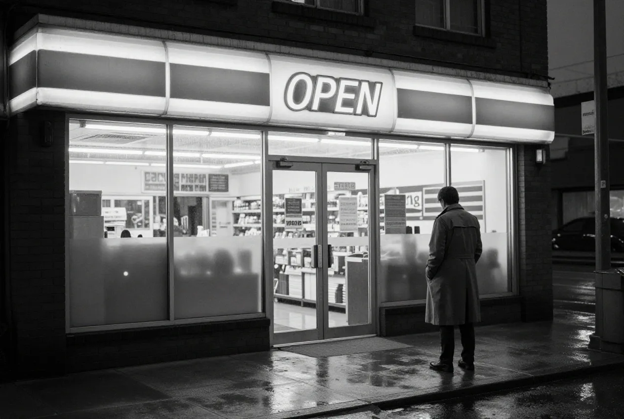 A 24-hour convenience store at midnight, cinematic street photography