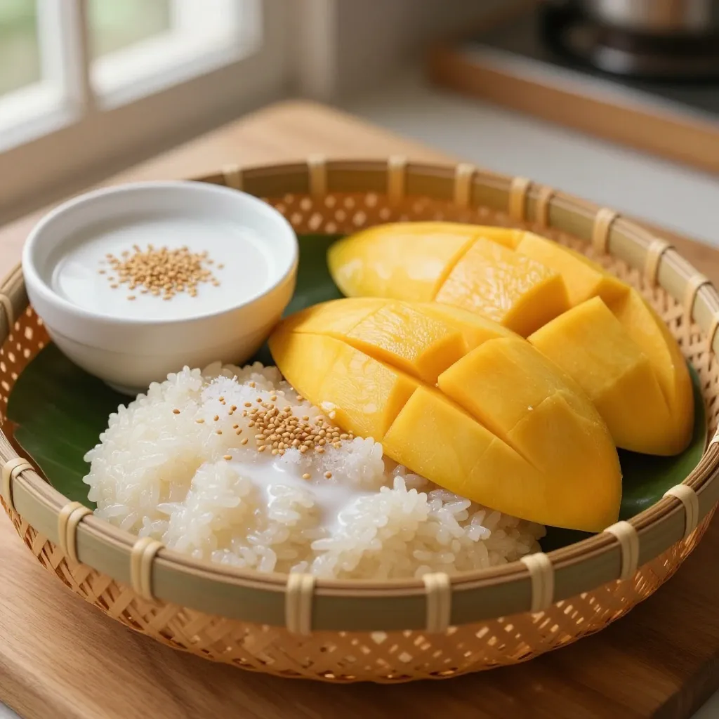 Thai mango sticky rice, professional food photography, appetizing