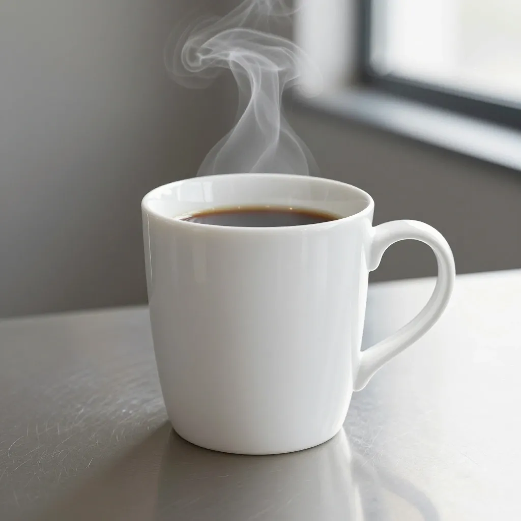 A ceramic coffee mug with steam, luxury product photography, minimal composition